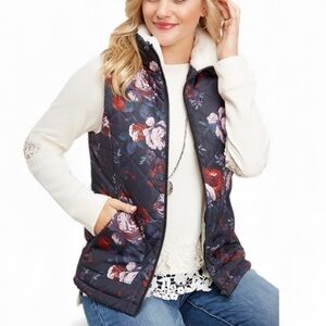 Dark cottagecore floral faux fur puffer vest XL
